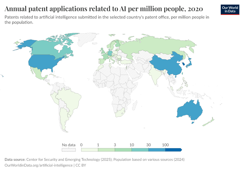 A thumbnail of the "Annual patent applications related to AI per million people" chart