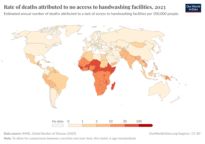 A thumbnail of the "Rate of deaths attributed to no access to handwashing facilities" chart