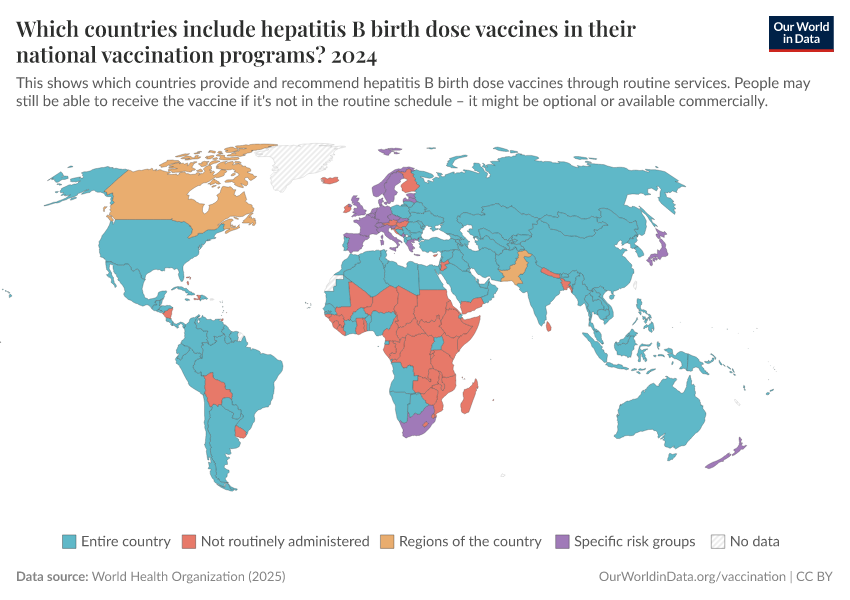 A thumbnail of the "Which countries include hepatitis B birth dose vaccines in their national vaccination programs?" chart